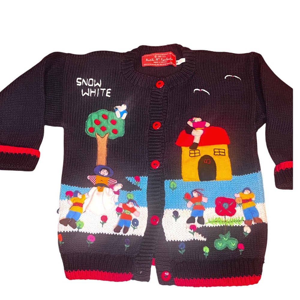 Vintage 1989 Auntie Ms Fantasies Snow White 3D Knit Cotton Cardigan Black M